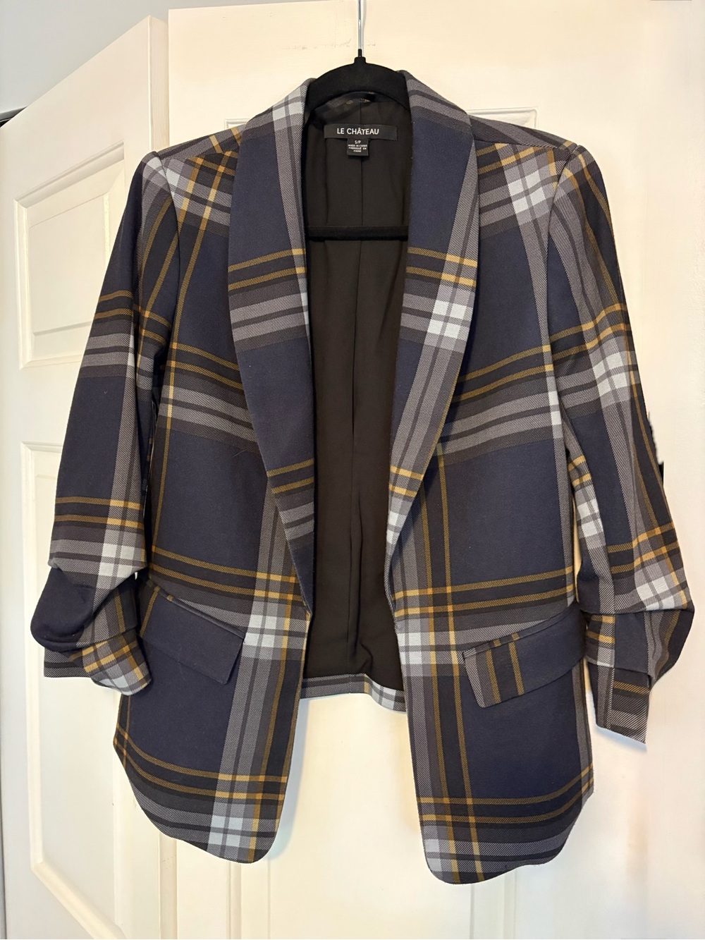 Le Château Plaid Open Front Blazer Ruched Sleeves Fall Academia - Picture 2 of 4